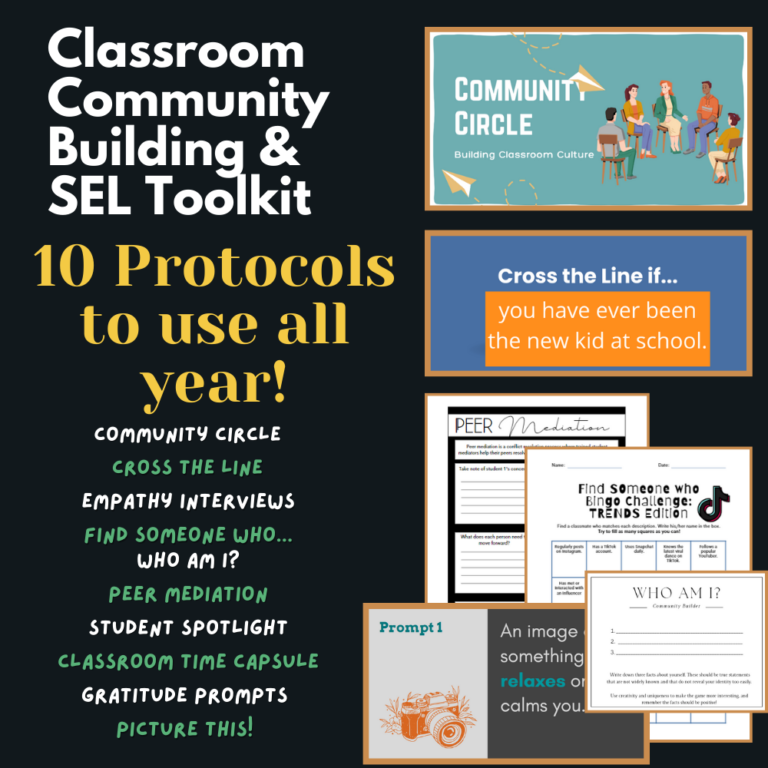 The image is a promotional graphic for a resource titled "Classroom Community Building & SEL Toolkit," which is described as having "10 Protocols to use all year!" The graphic has a black background with a collage of various elements related to the toolkit. At the top, the title is displayed in large white and yellow text, emphasizing its focus on SEL (Social Emotional Learning) and community building within the classroom. Below the title, a list of included protocols is provided, such as "Community Circle," "Cross the Line," "Empathy Interviews," and others, indicating the comprehensive nature of the toolkit.