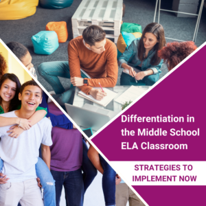 The image is a promotional graphic for a teaching resource titled "Differentiation in the Middle School ELA Classroom". It features a vibrant layout with a central image of a relaxed and collaborative classroom environment where students are engaged in discussion and group work. The upper half of the image shows three students sitting on bean bags and working together, while another pair is exchanging ideas over a notebook. The bottom half contains bold text that reads "STRATEGIES TO IMPLEMENT NOW," indicating actionable methods teachers can use. The graphic is designed to be attention-grabbing with its bright colors and clear message about enhancing English Language Arts education through differentiation strategies.