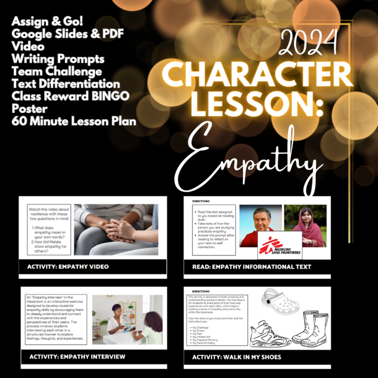 The image is a promotional graphic for a resource titled "Character Lesson: Empathy," part of a series for the year 2024. It features a collage of different elements related to the lesson plan, including a section for an empathy video with questions, a reading section with differentiated texts on empathy showcasing images of Fred Rogers and Malala Yousafzai, and an 'Empathy Interview' activity description. There is also a segment titled 'Activity: Walk in My Shoes' with an illustration of shoes, suggesting a creative activity related to empathy. The overall design communicates a comprehensive set of activities and materials designed for a 60-minute lesson plan to teach empathy in middle school, highlighting the ease of implementation with "Assign & Go!" and including various interactive and engaging teaching tools.