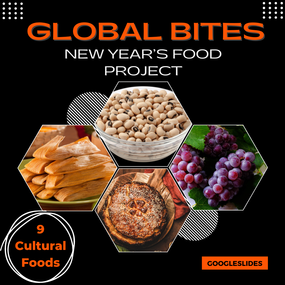 The image is an advertisement for an educational resource titled "GLOBAL BITES NEW YEAR'S FOOD PROJECT." It features a black background with a vibrant collage of various cultural foods, including black-eyed peas, tamales, a round cake with a coin baked inside, and grapes, which are traditionally associated with New Year's celebrations around the world. The title "GLOBAL BITES" is displayed prominently at the top in bold orange letters, followed by "NEW YEAR'S FOOD PROJECT" in white. Below the food images, there's an orange circle with the text "9 Cultural Foods," indicating the number of different cultural dishes covered in the project. In the bottom right corner, the text "GOOGLESLIDES" in an orange box suggests that this project is available as a Google Slides presentation. The overall design is modern and eye-catching, aimed at engaging students in exploring international New Year's traditions through food.