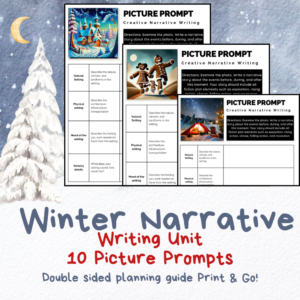 The image is a promotional poster for a "Winter Narrative Writing Unit" featuring "10 Picture Prompts" aimed at aiding story crafting for students. It includes three picture prompts with a wintry theme as examples. Each prompt is paired with a set of questions designed to help students build their narrative by considering the natural and physical setting, mood, and sensory details of the scene. The background of the poster has a snowy landscape with a large, detailed snow-covered tree on the left, a crescent moon in the top left corner, and snowflakes scattered around, all set against a night sky. The title "Winter Narrative Writing Unit" is displayed prominently at the bottom in large blue letters, followed by the text "Double sided planning guide Print & Go!" indicating that this resource is ready for immediate use in the classroom.