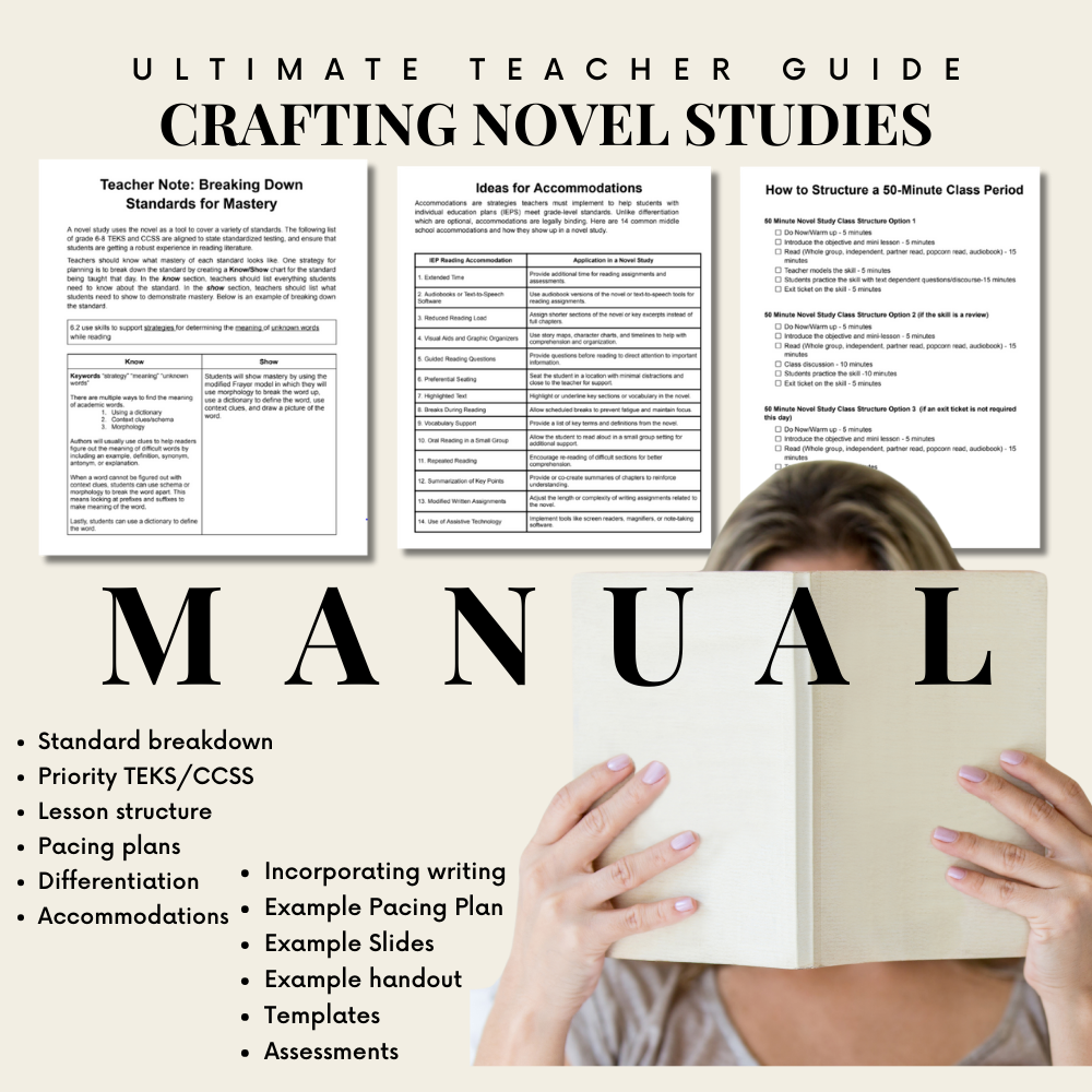 The image is a promotional graphic for an educational resource titled "Ultimate Teacher Guide Crafting Novel Studies Manual". It features a collage of documents with text, including lesson planning tips, accommodation ideas, and a structure for a 50-minute class period. Key elements listed are standard breakdowns, priority TEKS/CCSS, lesson structures, pacing plans, differentiation, and accommodations. It also mentions incorporation of writing, example slides, handouts, templates, and assessments. The backdrop has "MANUAL" in large letters with a person holding an open book, obscuring their face, suggesting an invitation for teachers to delve into the manual for guidance on novel study units.