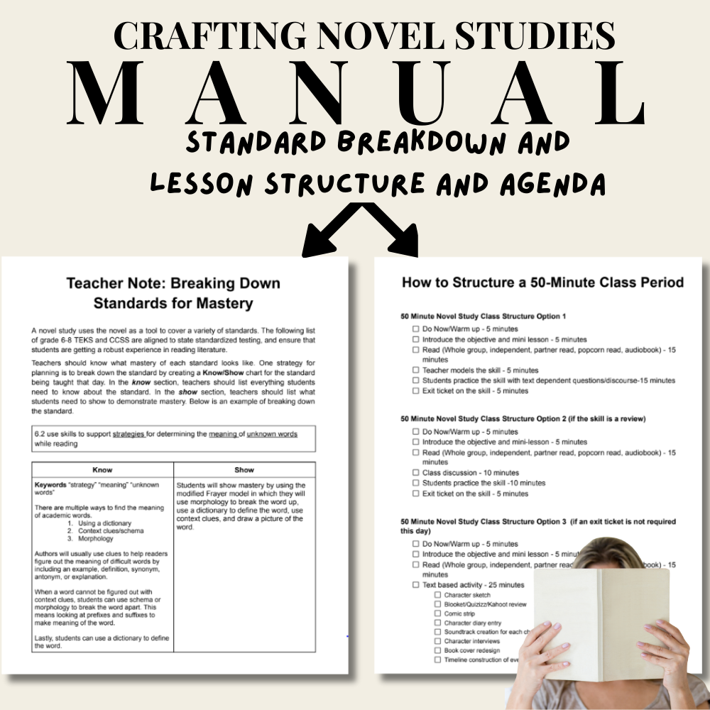 The image is a promotional graphic for an educational resource titled "Ultimate Teacher Guide Crafting Novel Studies Manual". It features a collage of documents with text, including lesson planning tips, accommodation ideas, and a structure for a 50-minute class period. Key elements listed are standard breakdowns, priority TEKS/CCSS, lesson structures, pacing plans, differentiation, and accommodations. It also mentions incorporation of writing, example slides, handouts, templates, and assessments. The backdrop has "MANUAL" in large letters with a person holding an open book, obscuring their face, suggesting an invitation for teachers to delve into the manual for guidance on novel study units.