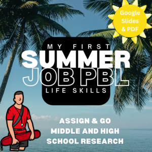 The image features promotional material for an educational resource. At the top, there's a clear sky with a sun icon marked "Google Slides & PDF," indicating the formats available for the resource. Below the sky is the title "MY FIRST SUMMER JOB PBL LIFE SKILLS" in bold, white and light blue lettering, with a black backdrop that allows the text to stand out. The acronym "PBL" is especially prominent, suggesting an emphasis on Project-Based Learning. In the lower half, a male lifeguard character in a red uniform is holding a rescue buoy, symbolizing one of the summer jobs explored in the resource. The bottom text reads "ASSIGN & GO MIDDLE AND HIGH SCHOOL RESEARCH," signaling that this resource is designed for easy assignment and is suitable for both middle and high school students. The background features tropical palm trees and a serene beach, setting a summery and relaxed tone for the content being advertised.