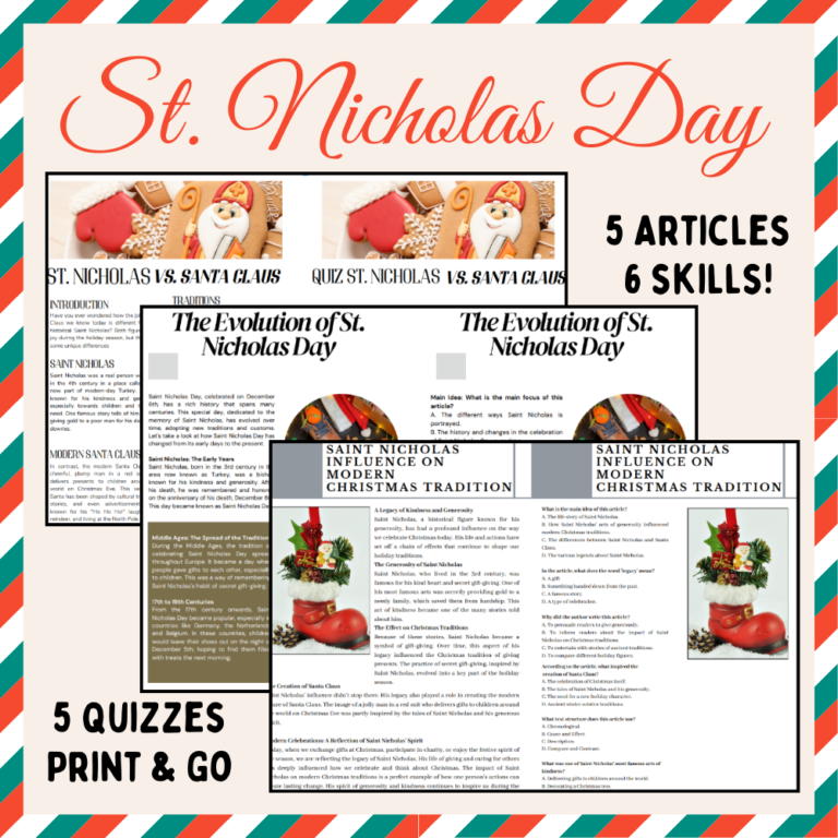 The image is a vibrant promotional graphic for an informational text resource titled "St. Nicholas Day 5 INFORMATIONAL TEXT SETS PRINT & GO!" The top of the image features the title in large, playful, red and white lettering on a striped candy cane-colored background. Below are thumbnails of the text sets provided in the resource, showcasing various aspects of St. Nicholas Day, such as its evolution and its role in Christmas traditions. Key learning focuses are highlighted in bold, colorful fonts on the right side: "MAIN IDEA," "AUTHOR'S PURPOSE," "TEXT STRUCTURE," "INFERENCE," and "SUMMARY." The layout is festive with Christmas-themed decorations, including an illustration of St. Nicholas at the bottom left, suggesting an engaging and educational holiday-themed learning tool for students.