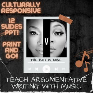 The image is a promotional graphic for an educational resource designed to teach argumentative writing using music. The background has a textured, dark appearance resembling a blackboard or cracked stone, contributing to a strong visual impact. At the top, in glowing orange letters, the words "CULTURALLY RESPONSIVE" are prominently displayed, emphasizing the importance of cultural awareness in the resource. Below this, a text box with a neon glow effect states "12 SLIDES PPT!" which highlights the number of PowerPoint slides included. The phrase "PRINT AND GO!" is also showcased in the same style, suggesting ease of use for teachers. In the center, a split image of Brandy and Monica from the music video for "The Boy is Mine" is featured, symbolizing the argumentative nature of the song's lyrics. A musical play bar with play, pause, and skip buttons is placed below the artists' images, reinforcing the musical theme of the resource. An orange tape piece appears at the top right of the image, giving the impression of a poster being taped to a wall.
