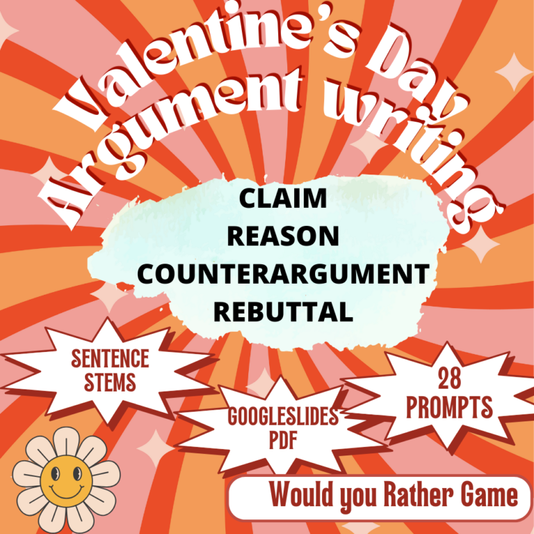 The image is a vibrant and colorful promotional graphic for a Valentine's Day argumentative writing educational resource. It features a radial burst pattern in shades of orange and red, creating an energetic background. At the top, in bold white and red letters, it reads "Valentine's Day Argument Writing." Below this title is a central, cloud-like white text area with the words "CLAIM REASON COUNTERARGUMENT REBUTTAL" listed in a bold, centralized format, indicating the key elements of argument writing covered in the resource. Additional details include "SENTENCE STEMS," "GOOGLESLIDES PDF," and "28 PROMPTS" presented in starburst shapes, emphasizing the components and formats available. At the bottom, a banner with "Would you Rather Game" suggests an interactive element to the resource. A cheerful cartoon sunflower with a smiling face adds a touch of whimsy to the design. This graphic is likely intended to attract educators looking for engaging teaching materials for argumentative writing exercises aligned with Valentine's Day themes.