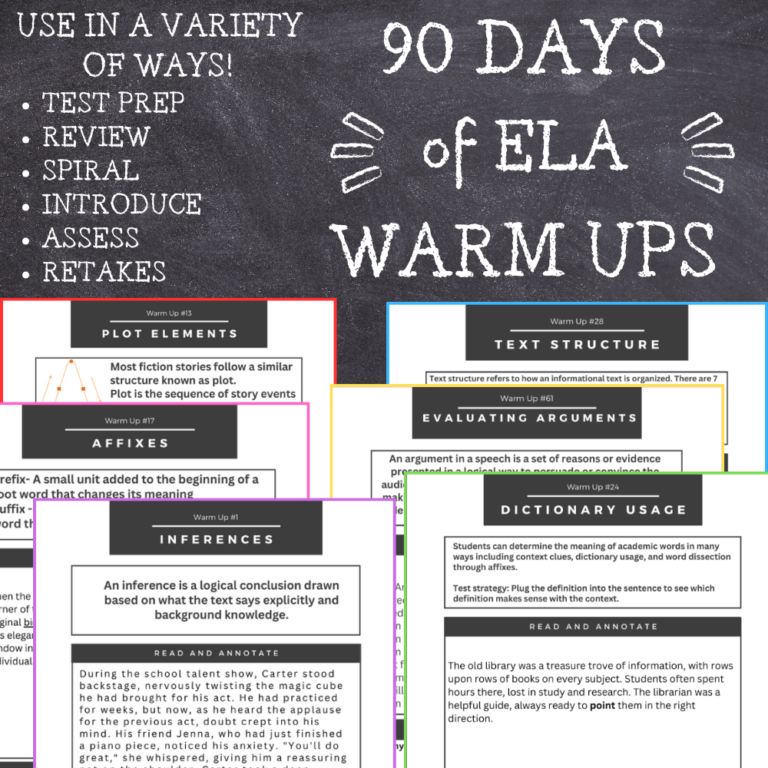 The image is a promotional graphic for an educational product titled "90 Days of STAAR ELA Warm Ups". The background mimics a blackboard with white chalk-like text and illustrations. It highlights the versatility of the product, stating "USE IN A VARIETY OF WAYS!" followed by a list that includes "TEST PREP, REVIEW, SPIRAL, INTRODUCE, ASSESS, RETAKES". In the center, large text reads "90 DAYS of ELA WARM UPS" surrounded by rays of light, suggesting a shining sun or a burst of inspiration. Surrounding this central title are colorful text boxes with previews of the content. Each box contains a different ELA topic such as "PLOT ELEMENTS", "AFFIXES", "INFERENCES", "TEXT STRUCTURE", "EVALUATING ARGUMENTS", and "DICTIONARY USAGE", each accompanied by a brief descriptor or example of the concept. At the bottom, there is an excerpt of a text under the heading "READ AND ANNOTATE" for practical application. The overall design is intended to convey the educational content and uses of the ELA Warm Up product for middle school educators.